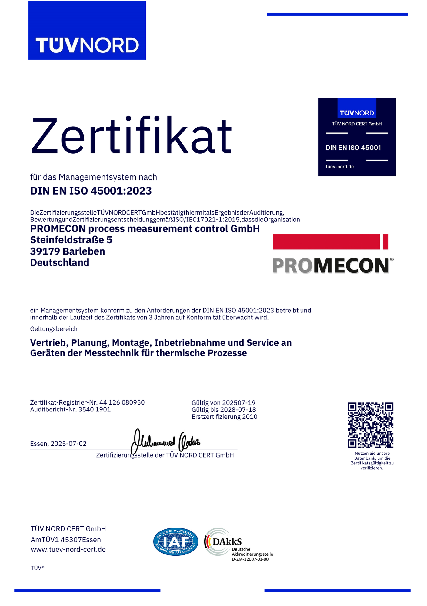 PROMECON Certificate ISO 45001 : 2023