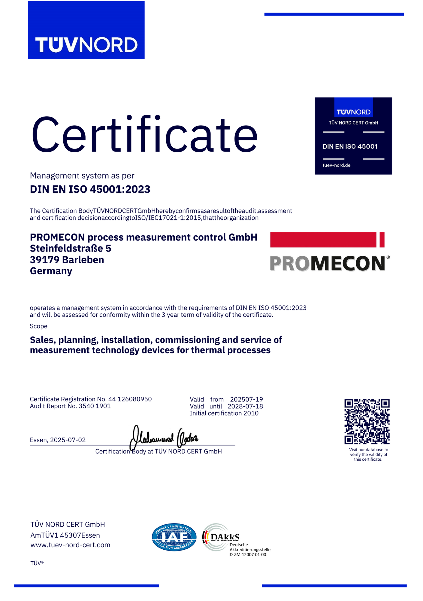 PROMECON Certificate ISO 45001 : 2023