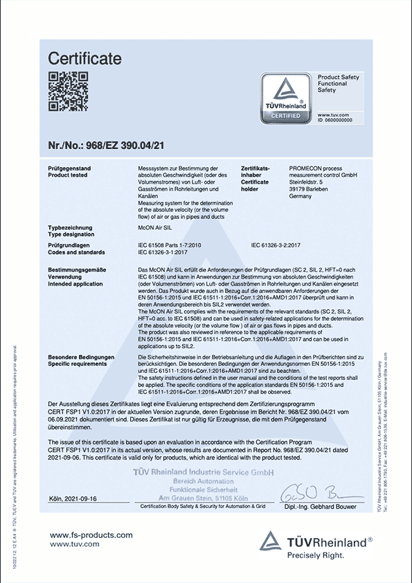 TÜV Rheinland –  MCON Air SIL Certificate