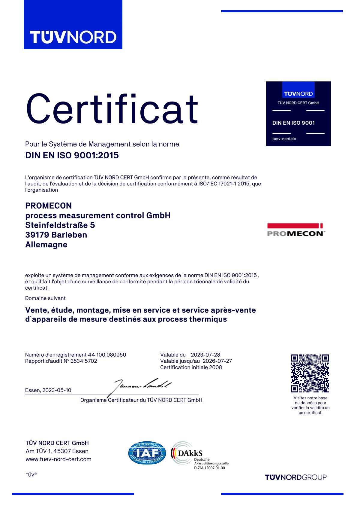 PROMECON Certificat ISO 9001 : 2015