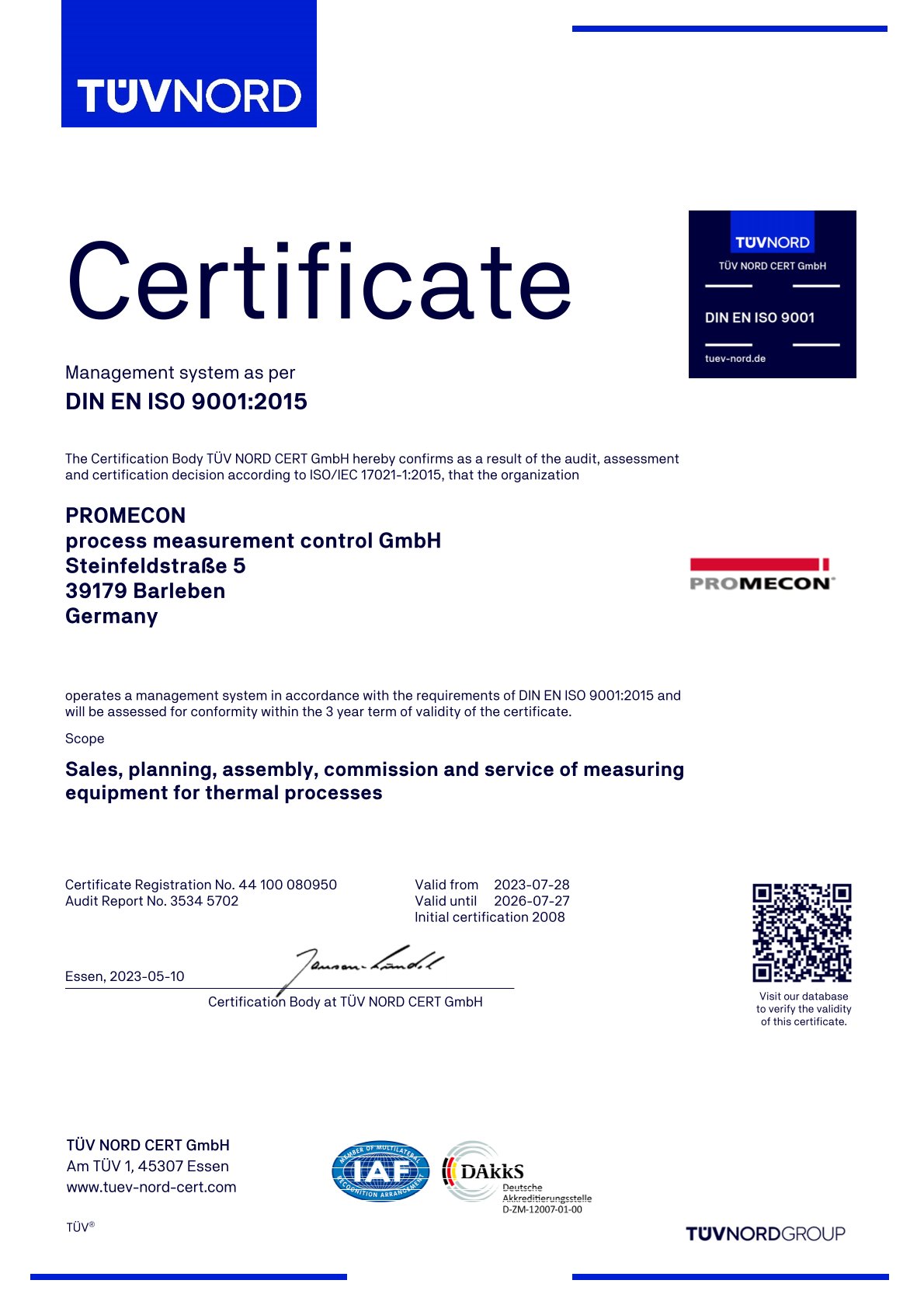 PROMECON Certificate ISO 9001 : 2015
