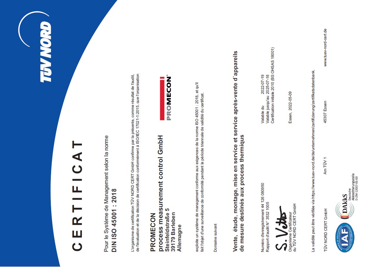 PROMECON Certificat ISO 45001 : 2018