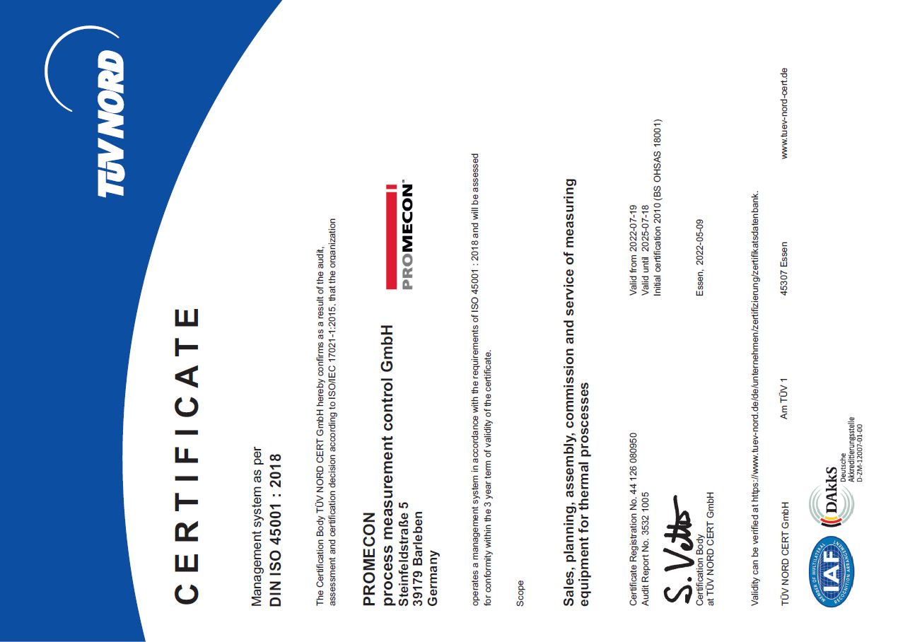 PROMECON Certificate ISO 45001 : 2018