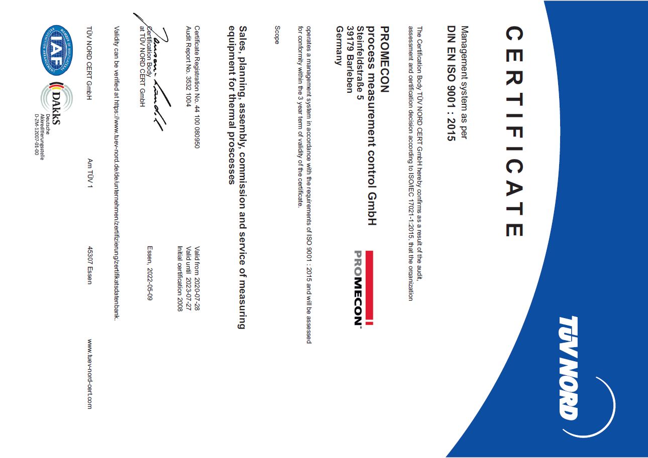 PROMECON Certificate ISO 9001 : 2015